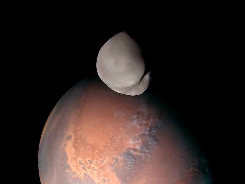 A composite image of Mars' tiny moon Deimos captured by the UAE's Hope probe: Photo: Hope probe