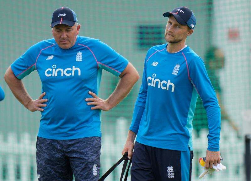 England coach Chris Silverwood, left, with captain Joe Root during training.