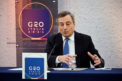 Italian Prime Minister Mario Draghi attends a press conference after the G20 on Afghanistan at Palazzo Chigi, Rome. EPA
