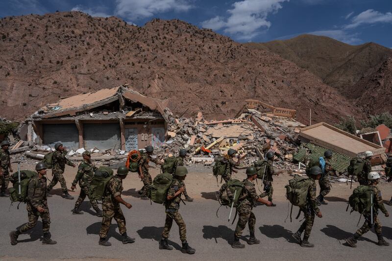 Moroccan troops prepare to embark on relief missions in the mountains near Talat N'Yaaqoub. Getty Images