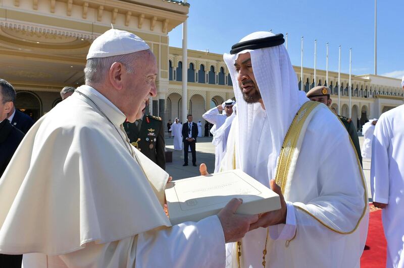 Sheikh Mohammed bin Zayed bids farewell to Pope Francis. Vatican Media / EPA