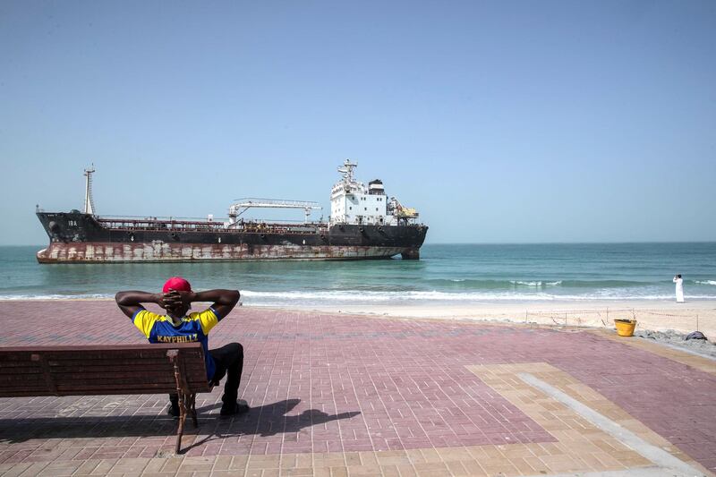 DUBAI, UNITED ARAB EMIRATES. 24 JANUARY 2021. A ship that ran around off the public beach in Umm Al Quwain. (Photo: Antonie Robertson/The National) Journalist: Nick Webster Section: National.