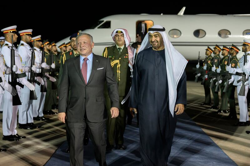 President Sheikh Mohamed receives King Abdullah II of Jordan at Al Bateen Airport. All photos: UAE Presidential Court 