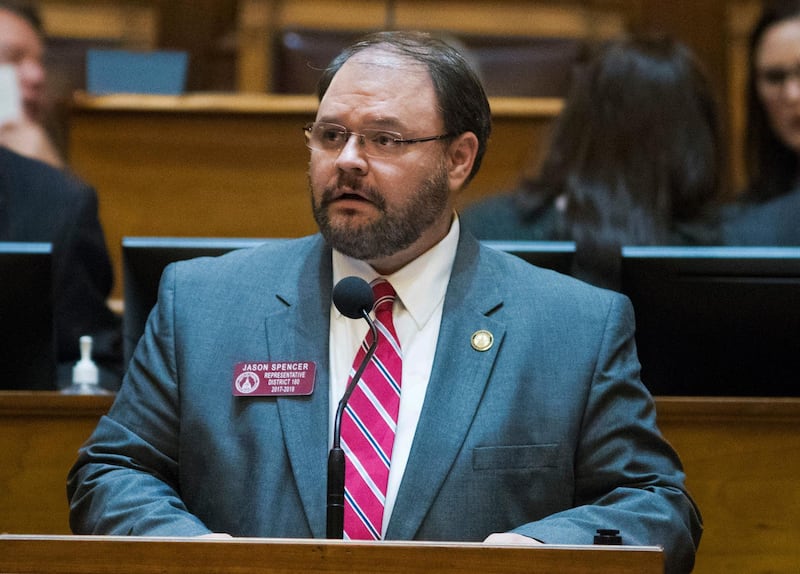 In this Feb. 28, 2018 photo, Rep. Jason Spencer, of Woodbine, speaks at the Georgia State Capitol in Atlanta. Spencer is seen using racial slurs and dropping his pants in an episode of Sacha Baron Cohen's Showtime series "Who Is America?".
In the Sunday, July 22, broadcast, Spencer repeatedly uses a racial slur for African Americans and later exposes his bottom after being told it helps scare away Muslim terrorists. (Alyssa Pointer/Atlanta Journal-Constitution via AP)