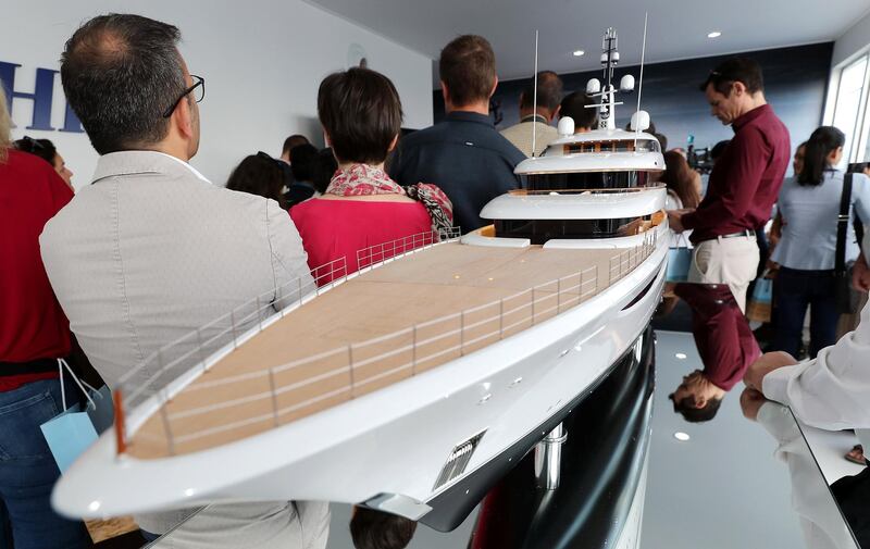 DUBAI , UNITED ARAB EMIRATES , February 26 – 2019 :- Model of the Faith , Twin Screw motor yacht at the Feadship stand at the Dubai International Boat Show held in Dubai. ( Pawan Singh / The National ) For News/Instagram/Big Picture. Story by Nick Webster 