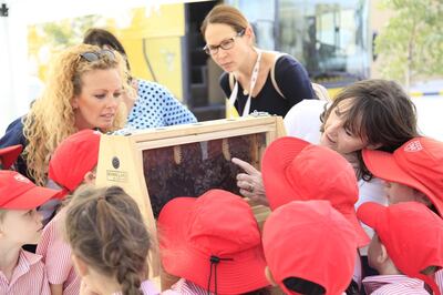 Beekeeper Jocelyn McBride interacts with children as part of conservation project Plan Bee 