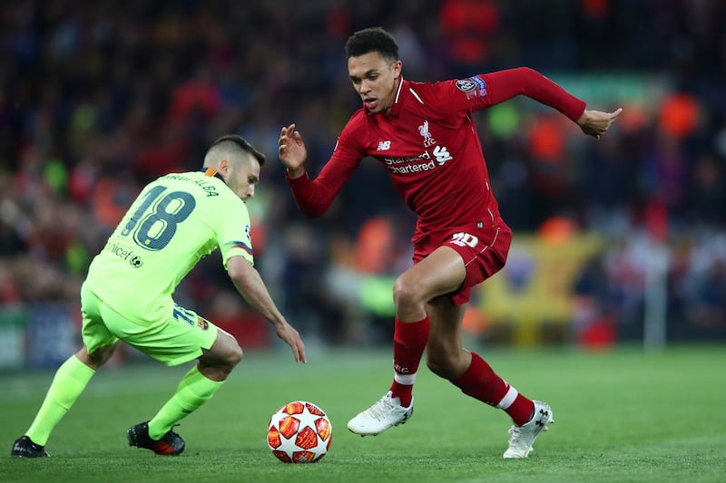 LIVERPOOL, ENGLAND - MAY 07:  Trent Alexander-Arnold of Liverpool takes on Jordi Alba of Barcelona during the UEFA Champions League Semi Final second leg match between Liverpool and Barcelona at Anfield on May 07, 2019 in Liverpool, England. (Photo by Clive Brunskill/Getty Images)