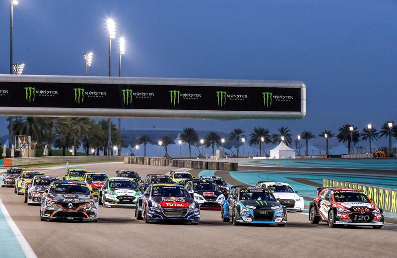 Abu Dhabi, United Arab Emirates, April 4, 2019.  FIA World RallyCross-AD. --“Class of 2019” photo of all World RX drivers on track. Group photo of all 2019 World RX Supercars on track.
Victor Besa/The National
Section:  SP
Reporter:  Amith Passela