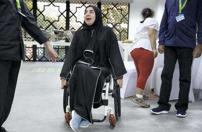ABU DHABI , UNITED ARAB EMIRATES , February 27 – 2019 :- Noura Abdul Aziz getting training as a Volunteers with disabilities for the Special Olympics games at the Abu Dhabi Media Company in Abu Dhabi. ( Pawan Singh / The National ) For News. Story by Ramola