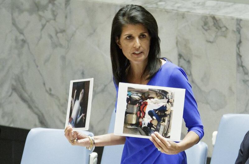 Nikki Haley, the US's ambassador to the United Nations, warned an emergency session of the Security Council on April 5, 2017 that Washington was prepared to act against Syria – with or without UN cooperation. Justin Lane / EPA