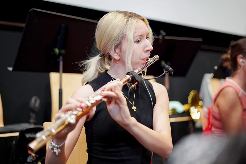 A musician practices with the orchestra at the Firdaus Studio in Expo City Dubai.