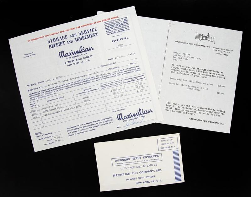A receipt, left, from Maximilian Fur Company in New York for the storage and service of two fur coats and one fur stole, all owned by Monroe. The company also provided Monroe with a recommendation of services for the mink coat and fox stole, right. Courtesy Julien's Auctions