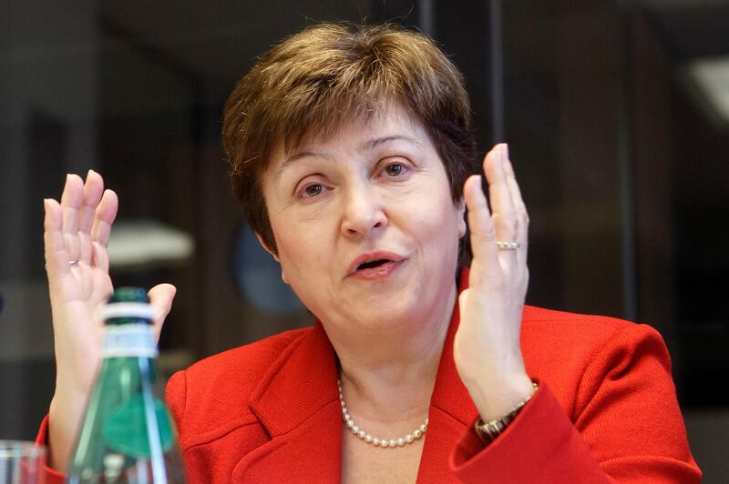 FILE - In a Wednesday, March 7, 2018 file photo, World Bank Chief Executive Officer Kristalina Georgieva speaks during a panel at the European headquarters of the United Nations in Geneva, Switzerland. Georgieva is in line to become the next head of the International Monetary Fund after the organization said Monday, September 9, 2019 Kristalina Georgieva is the one nominated for the job.(Salvatore Di Nolfi/Keystone via AP, File)