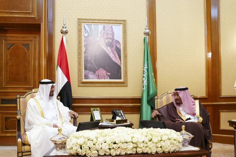 MECCA, SAUDI ARABIA - August 12, 2019: HH Sheikh Mohamed bin Zayed Al Nahyan, Crown Prince of Abu Dhabi and Deputy Supreme Commander of the UAE Armed Forces (L) meets with HM King Salman Bin Abdulaziz Al Saud, of Saudi Arabia and Custodian of the Two Holy Mosques (R).

( Mohamed Al Hammadi / Ministry of Presidential Affairs )
---