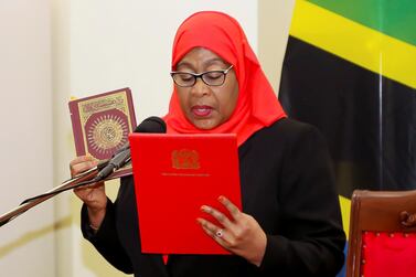 Tanzania's new President Samia Suluhu Hassan takes oath of office following the death of her predecessor John Pombe Magufuli at State House in Dar es Salaam, Tanzania March 19, 2021. REUTERS/Stringer