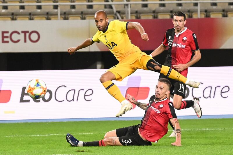 Lucas Moura of Tottenham , top, during the Europa League third round qualifying match against Shkendija. EPA