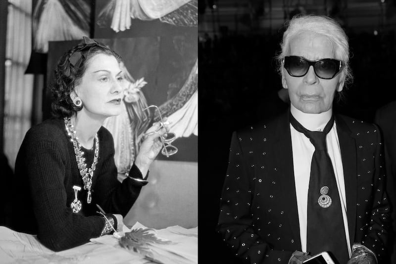 Gabrielle Chanel and Karl Lagerfeld are the two driving forces behind the illustrious house of Chanel. Roger Schall / Collection Schall; Bertrand Rindoff Petroff / Getty Images