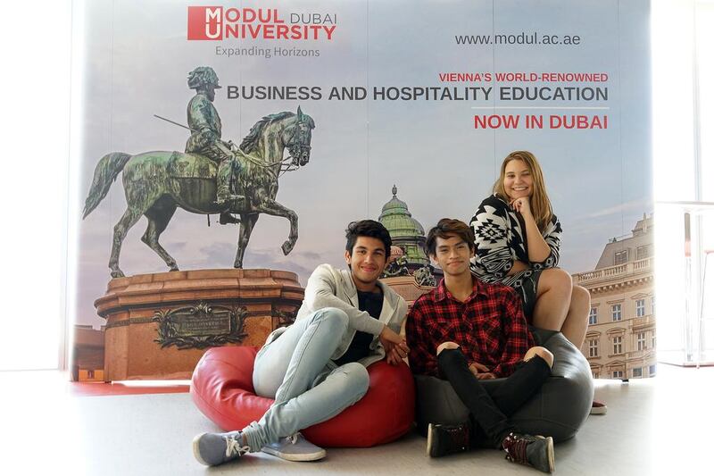 From left, Abdul Aalim, 18, Lance Locquiao, 17, and Saskia Langhammer, 18, are among the students in the first intake at Modul University in Dubai. Delores Johnson / The National