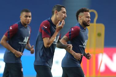 Soccer Football - Champions League - Paris St Germain Training - Estadio da Luz, Lisbon, Portugal - August 22, 2020 Paris St Germain's Kylian Mbappe, Angel Di Maria and Neymar during training Pool via REUTERS/Miguel A. Lopes