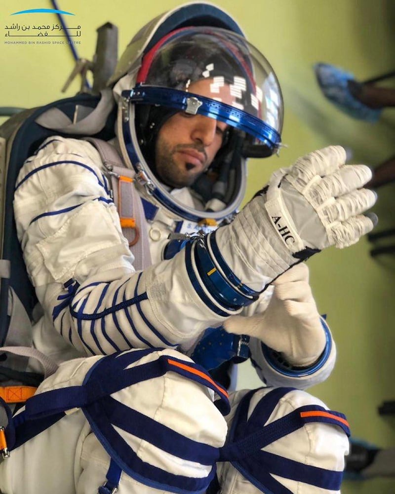 Back-up astronaut Sultan Al Neyadi tries on his Sokol suit. Courtesy Mohammed bin Rashid Space Centre