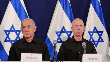 Israeli Prime Minister Benjamin Netanyahu, left, and Defence Minister Yoav Gallant during a press conference in October. Reuters