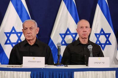 Israeli Prime Minister Benjamin Netanyahu and Defence Minister Yoav Gallant during a press conference in the Kirya military base in Tel Aviv. Reuters 