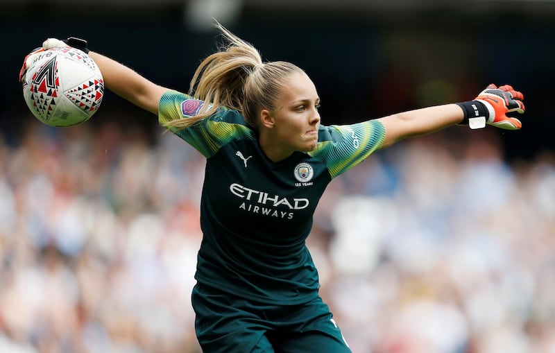 Soccer Football - WomenÕs Super League - Manchester City v Manchester United - Etihad Stadium, Manchester, Britain - September 7, 2019  Manchester City's Ellie Roebuck in action   Action Images via Reuters/Craig Brough