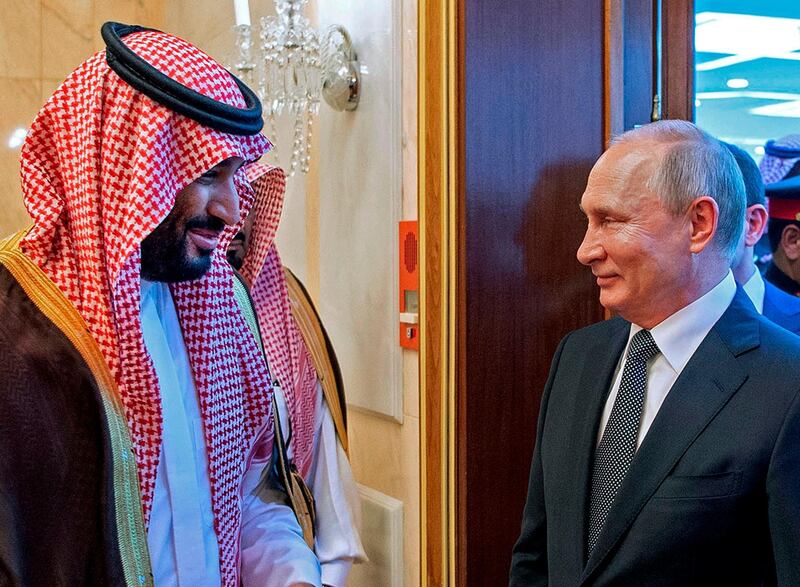 Prince Mohammed bin Salman meets with Mr Putin in Riyadh. AFP