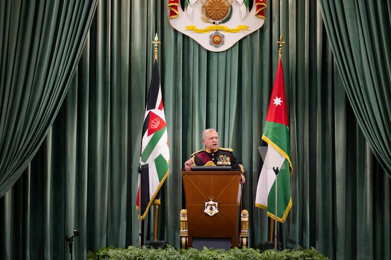 Jordan's King Abdullah II speaks at the opening of a new parliamentary session in Amman, Jordan. Reuters