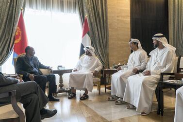 Sheikh Mohammed bin Zayed, Crown Prince of Abu Dhabi, meets Eritrean President Isaias Afwerki. Also pictured is Mohammed Mubarak Al Mazrouei, Undersecretary of the Crown Prince Court of Abu Dhabi and Sheikh Mansour bin Zayed Al Nahyan, Deputy Prime Minister and Minister of Presidential Affairs. Rashed Al Mansoori / Crown Prince Court - Abu Dhabi