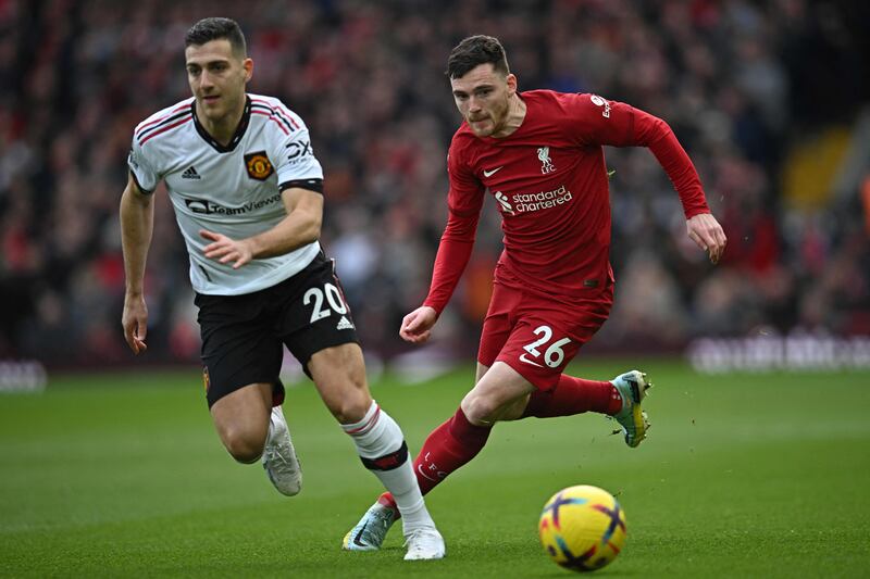Diogo Dalot – 2. Magnificent cross to Fernandes on 25 and headed a Shaw free-kick on target after 32 as United built pressure. Didn’t stop Robertson’s in run up to Liverpool’s goal. Got worse and worse in the second half. AFP
