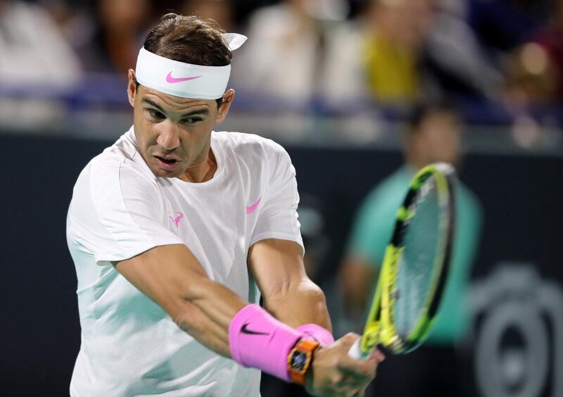 Abu Dhabi, United Arab Emirates - Reporter: Jon Turner: Rafael Nadal plays a shot during the final between Rafael Nadal v Stefanos Tsitsipas at the Mubadala World Tennis Championship. Saturday, December 21st, 2019. Zayed Sports City, Abu Dhabi. Chris Whiteoak / The National