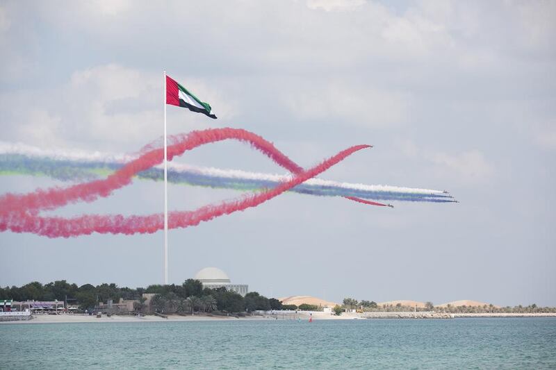 The UAE Air Force Al Forsan acrobatic team perform in Abu Dhabi. Sharina Lootah / Crown Prince Court - Abu Dhabi 
