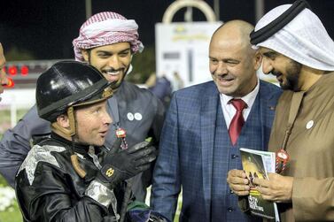 Khalid Khalifa Al Naboodah (right) in conversation with UAE champion and his retained jockey Tadhg O'Shea. Erika Rasmussen