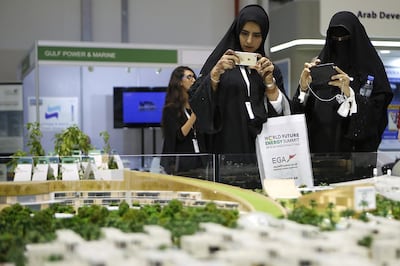 A model of Sustainable City in Dubai, the region’s first Net Zero Operational Sustainable community model displayed at the World Future Energy Summit 2017 at the Abu Dhabi Exhibition Centre. Ravindranath K / The National