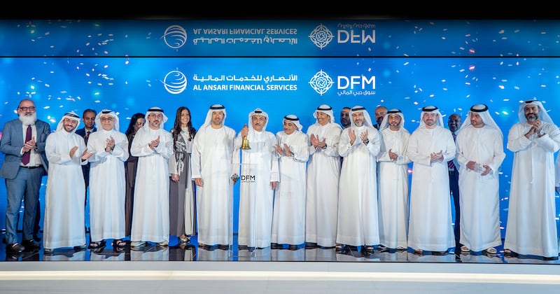 The bell-ringing ceremony after the listing of Al Ansari Financial Services on the Dubai Financial Market. Photo: DFM