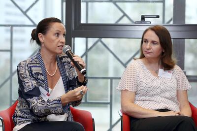 Dubai, United Arab Emirates - November 25, 2019: Rachael Ellyard (L), Talent Leader MENA EY and Rebecca Jeffs, Serco Middle East. Panel discussion on women and the challenges they face at work. Monday, November 25th, 2017 at Rove Hotel, Abu Dhabi. Chris Whiteoak / The National