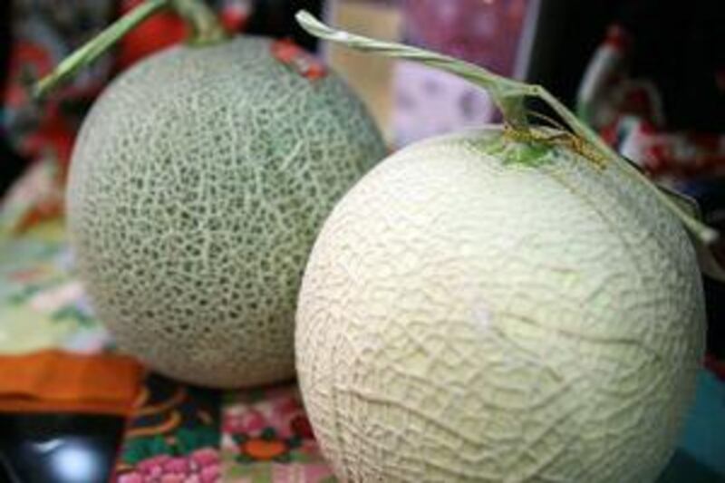 The ruby melon, left, and the musk melon sell for Dh195 and Dh295, respectively at Oishi Nippon