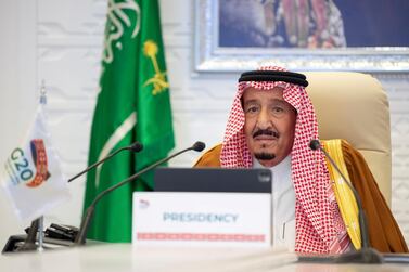 Saudi King Salman bin Abdulaziz gives a virtual speech during an opening session of the 15th annual G20 Leaders' Summit in Riyadh, Saudi Arabia, November 21, 2020. Bandar Algaloud/Courtesy of Saudi Royal Court/Handout via REUTERS ATTENTION EDITORS - THIS PICTURE WAS PROVIDED BY A THIRD PARTY