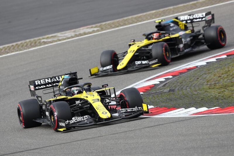 Renault's Australian driver Daniel Ricciardo drives ahead of his French teammate Esteban Ocon. AFP