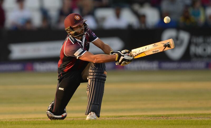 NORTHAMPTON, ENGLAND - JUNE 11:  Shahid Afridi of Northamptonshire bats during the NatWest T20 Blast match between Northamptonshire Steelbacks and Derbyshire Falcons at The County Ground on June 11, 2015 in Northampton, England.  (Photo by Gareth Copley/Getty Images)