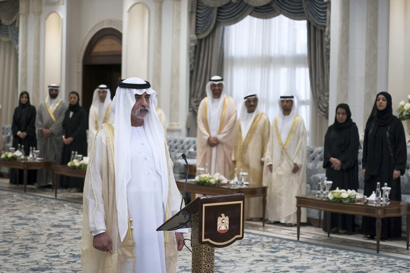 ABU DHABI, UNITED ARAB EMIRATES - October 31, 2017: HH Sheikh Nahyan bin Mubarak Al Nahyan, UAE Minister of State for Tolerance gives his oath, during a swearing-in ceremony for newly appointed ministers, at Mushrif Palace.

( Hamad Al Kaabi / Crown Prince Court - Abu Dhabi )
---