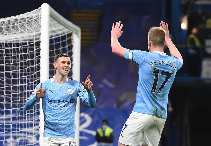 File photo dated 3-01-2021 of Manchester City's Phil Foden celebrates scoring his side's second goal of the game. Issue date: Tuesday May 11, 2021. PA Photo. Manchester City have clinched their third Premier League title in four years, PA news agency looks at five games crucial to their success. Chelsea, won 3-1, Stamford Bridge. See PA Story SOCCER Man City Games. Photo credit should read: Andy Rain/PA Wire