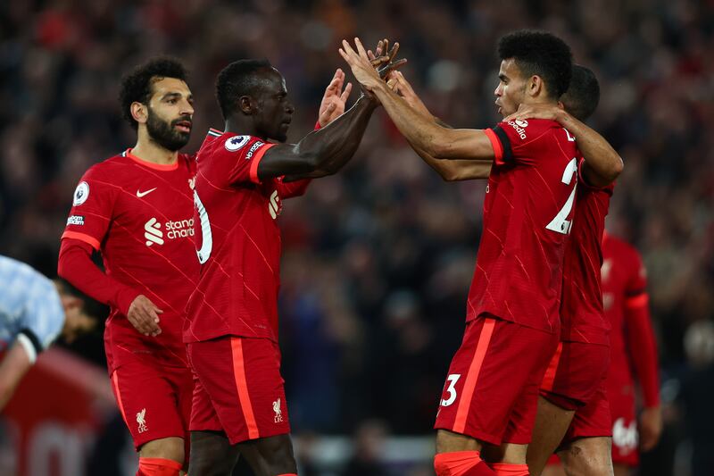 Mane celebrates with Luis Diaz. Getty