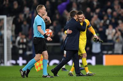 LONDON, ENGLAND - APRIL 09: Mauricio Pochettino, Manager of Tottenham Hotspur celebrates victory with Hugo Lloris of Tottenham Hotspur after the UEFA Champions League Quarter Final first leg match between Tottenham Hotspur and Manchester City at Tottenham Hotspur Stadium on April 09, 2019 in London, England. (Photo by Dan Mullan/Getty Images)