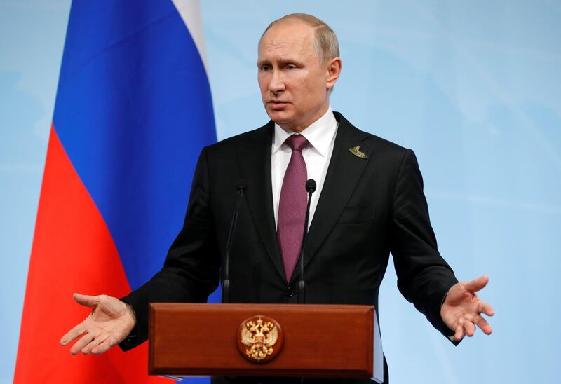 Russian President Vladimir Putin in his  closing press conference at the G20 summit in Hamburg, Germany, on July 8, 2017. Alexander Zemlianichenko /EPA