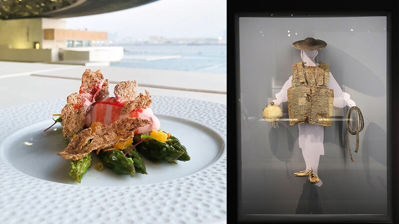 A light asparagus and black rice leaf appetiser from Fouquet's resembles a Joseon dynasty outfit made using traditional Korean paper. Photos: Fouquet's Abu Dhabi; Pawan Singh / The National 
