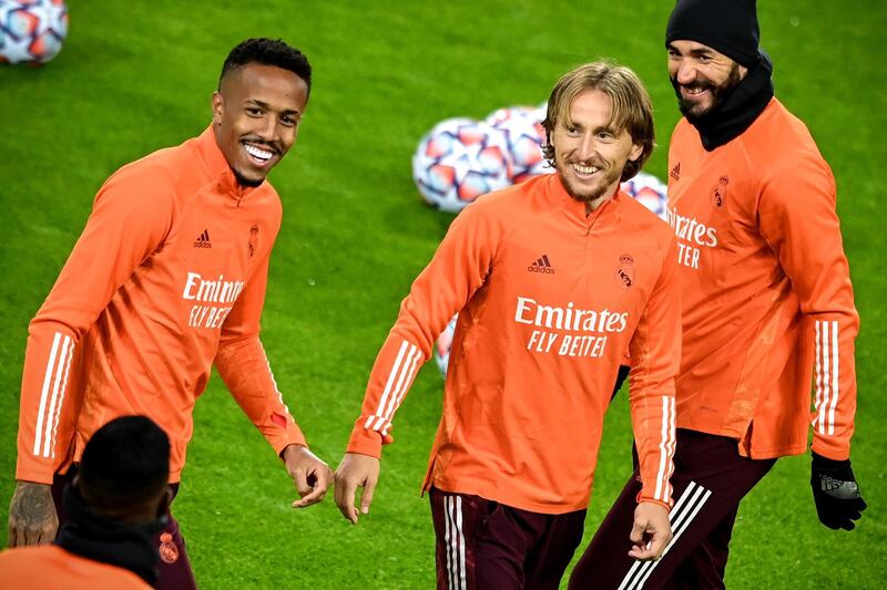 Real Madrid's Luka Modric, centre, and Karim Benzema at the team's training session at Borussia-Park. EPA