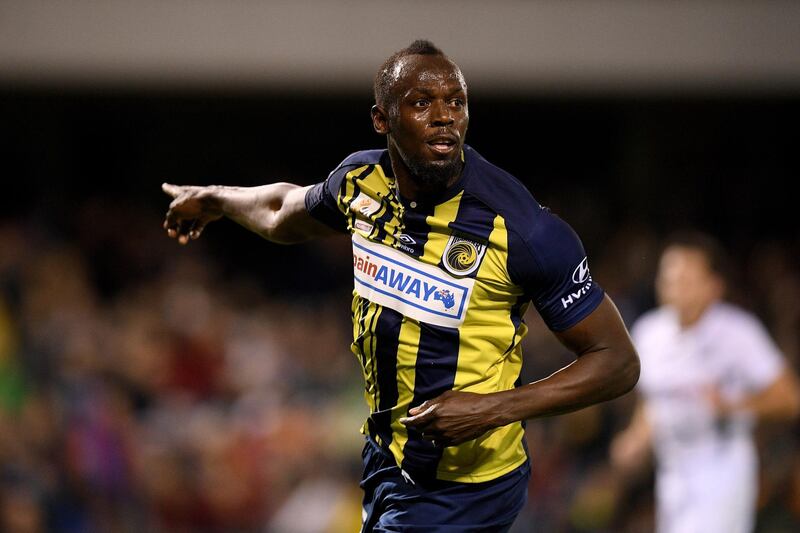 Usain Bolt in action for the Mariners against Macarthur South West United during a pre-season friendly at Campbelltown Sports Stadium in Sydney. EPA