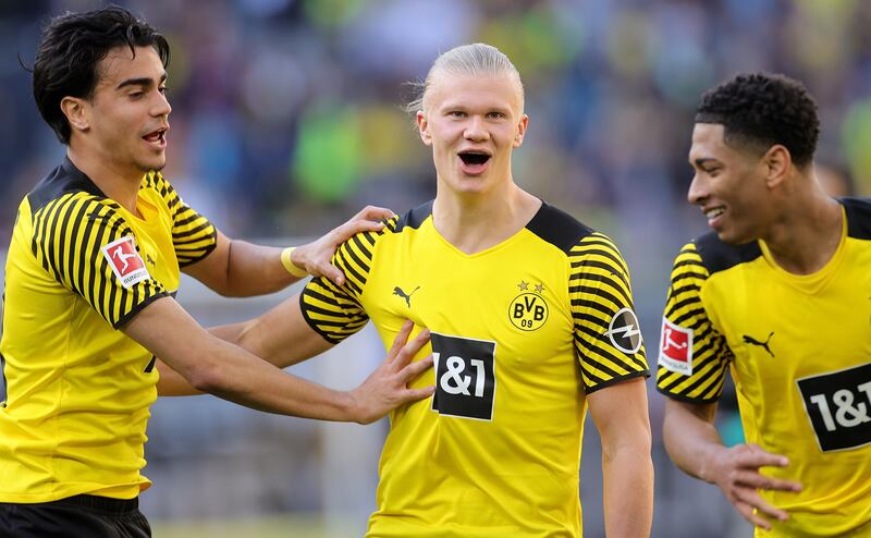 Dortmund's Erling Haaland celebrates after the 
Bundesliga match against Wolfsburg in April, 2022. EPA